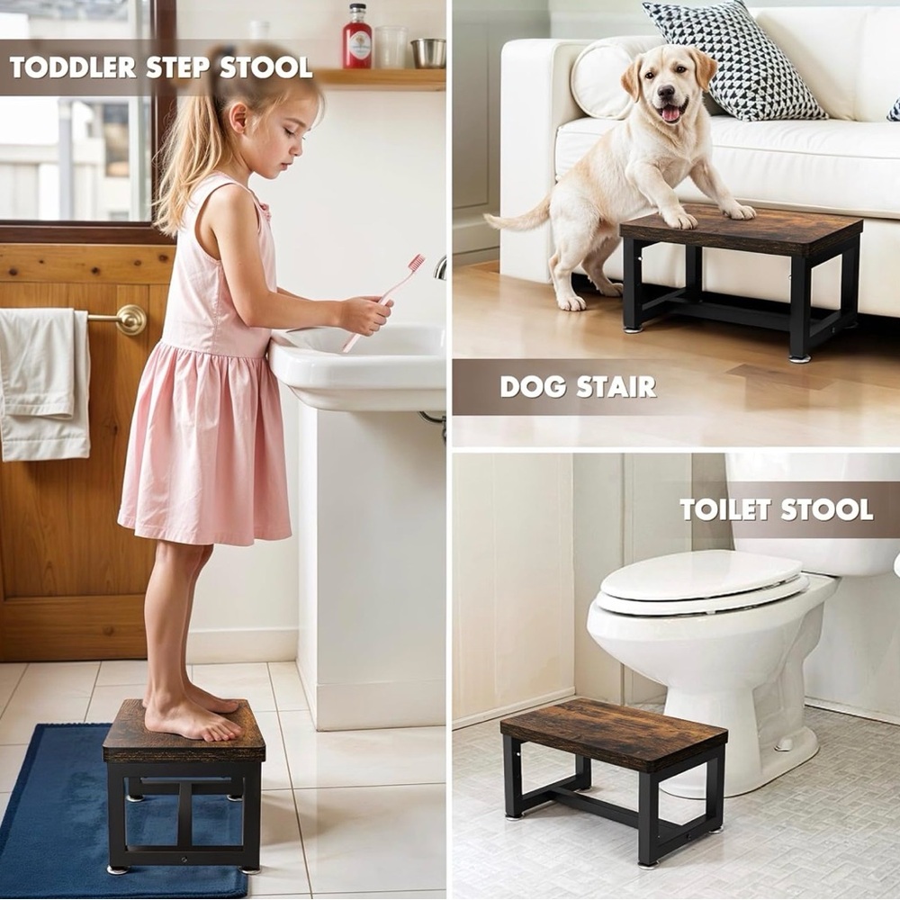 Adjustable Industrial Step Stool - 3 Height Levels - Wood & Metal